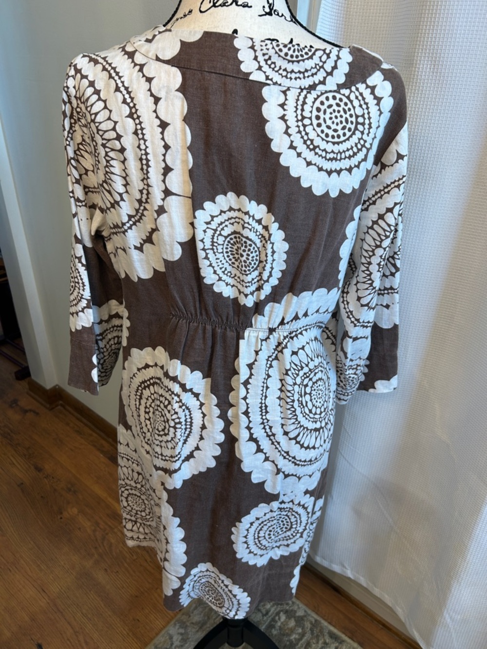 Boden 100% Linen Brown and White Print Midi Dress Classic Style Size 12 - Picture 3 of 3